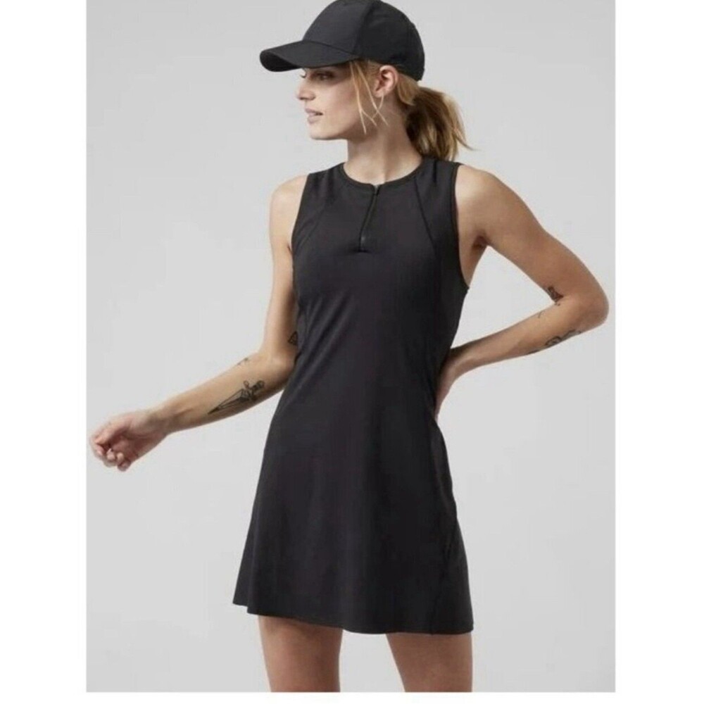 Athleta Ace Tennis Dress Black Size Medium Sleeveless Quarter Zip Golf Athletic
